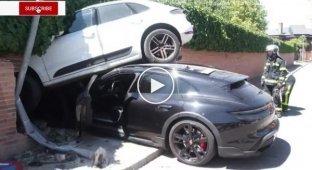 В Испании женщина за рулём Porsche Taycan подхватила и впечатала Macan в кирпичную стену