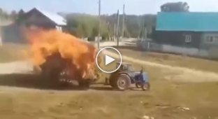 Everyone was scared by a tractor with burning hay on a cart