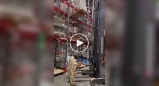 Работник склада аккуратно выровнял неустойчивый стеллаж с помощью погрузчика