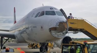 Град пробил лобовое стекло и сломал нос самолета во время посадки (4 фото)