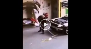 Double knockout: unlucky janitor hit twice by his brush