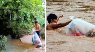 Жажда знаний: детей из вьетнамской деревни переправляют через реку в полиэтиленовых пакетах (10 фото + 1 видео)