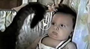 Кот гипнотизирует малыша