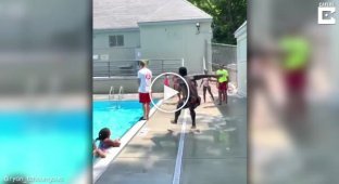 The guy effectively jumped over his 183-centimeter friend and dived into the pool