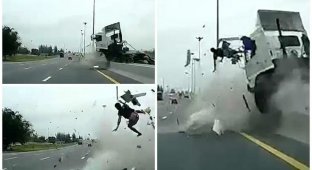 Водителя грузовика вышвыривает из кабины в момент жуткой аварии (3 фото + 1 видео)