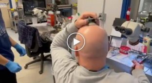 Bald and sucker. Man pranking in laboratory