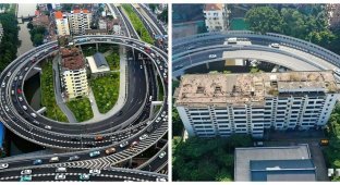 The famous Chinese eight-story building located right inside the overpass (5 photos + 1 video)