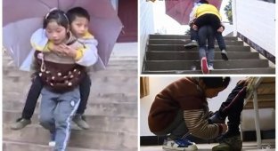 9-летняя китаянка каждый день носит своего брата-инвалида в школу (11 фото + 2 видео)