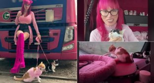 «Румунська Барбі» працює далекобійницею — їздить рожевою вантажівкою з двома кішками (2 фото + 2 відео)