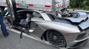 Lamborghini Aventador заехал под грузовик. Водитель почти не пострадал (4 фото)