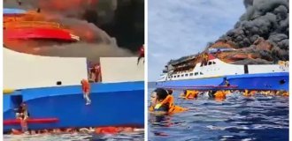 В Индонезии туристы прыгают в воду с загоревшегося парома, перевозившего 280 пассажиров (1 фото + 2 видео)