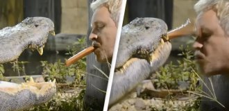 Безстрашний чоловік годує рептилій хот-догами з рота із зав'язаними очима (5 фото + 2 відео)