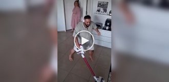 Wife helped her husband with cleaning