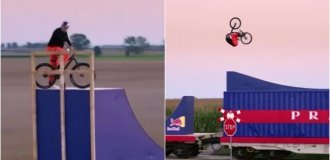 As if standing still: the world slopestyle champion rode a bicycle along a moving train (3 photos + 1 video)