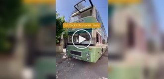 Double-decker bus converted into a mobile home