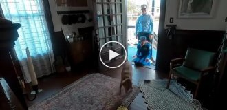 Пес встречает свою хозяйку, недавно вернувшуюся из космоса