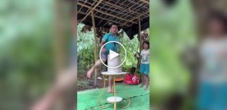A father teaches his three daughters martial arts every day