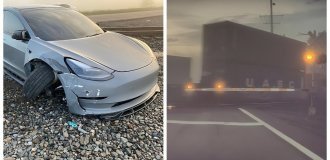 Владелец Tesla чуть не врезался в движущийся поезд в режиме «автономного вождения» (4 фото + 1 видео)