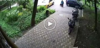 Dissatisfied grandmother and motorcycles at the front door
