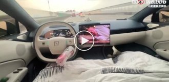 Driving lying down behind the wheel of an electric car