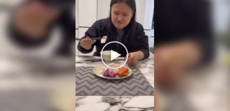 Guy makes fun of his wife who loves to eat well