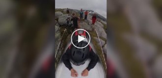 A man jumped from a catapult over the Norwegian fjords