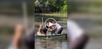 A boat ride ended in a mass swim.