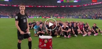 Norway's national football team celebrates a win in an unusual way