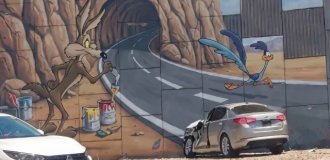Дорожный «Лоуни Тюнз»: в Мексике девушка въехала в стену из-за нарисованного тоннеля (2 фото)