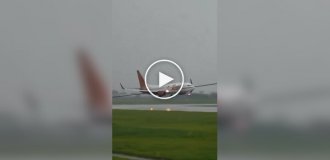 Экстремальная посадка самолета при сильном ветре