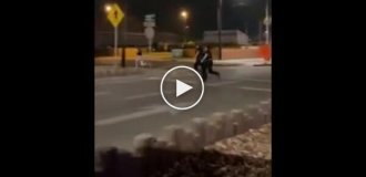 Obese policemen give chase to the girl