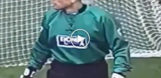 A football match in 1995 between Newcastle and Wimbledon - and in goal... Vinnie Jones