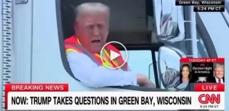 Donald Trump spoke to journalists from the cabin of a garbage truck