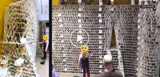 Дівчинка зруйнувала конструкцію, зроблену з|підставок для|пива