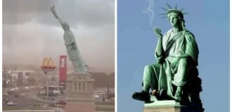 Ветер уронил копию Статуи Свободы (2 фото + 1 видео)