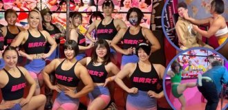 Muscular women hand out bream to clients in Japan (5 photos + 2 videos)