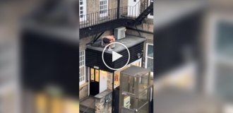 A guy climbs up without much effort building