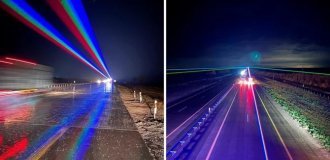 Странные лучи над дорогой перепугали казахстанцев (3 фото)