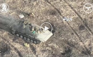 The bodies of the occupiers lie around a damaged Russian BMP-2