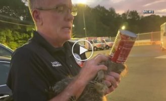 In the US, a whole group of rescuers was called in to get a raccoon with a can on its head