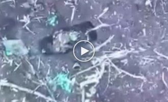 An unsuccessful attempt by a Russian military to throw back a grenade dropped from a drone in the Donetsk region