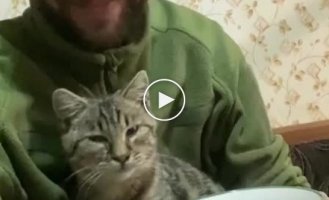 A Ukrainian Armed Forces fighter drinks tea with a furry friend