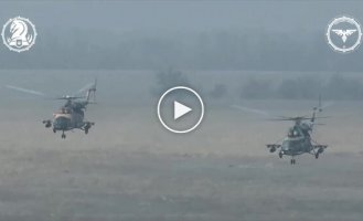 Ukrainian Mi-8 and Mi-17 helicopters fire at Russian positions with unguided missiles in the Avdeevsky direction
