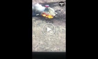 A Russian tank that hit a mine near Avdeevka is on fire