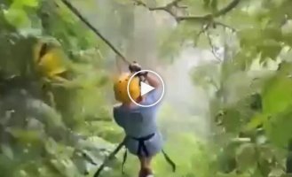 The guys were riding a zip line and crashed into a local inhabitant