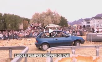 Американец разбил гигантскую тыкву об старую тачку