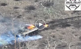 A burning Russian spins on the ground after successfully destroying Russian equipment on Ukrainian soil
