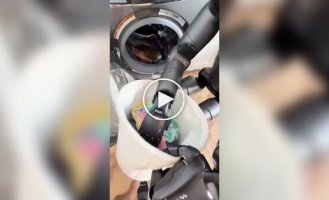 Робот самостійно завантажує білизну в пральну машину.