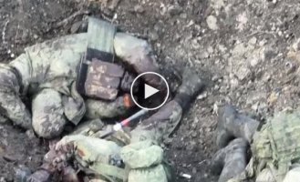 Раненый оккупант перед смертью толкает своего уже мертвого товарища