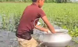 A boy and his unusual fishing in water-filled fields